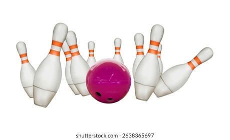 Realistic bowling pins and ball isolated on a white background. 3d bowling ball and pins