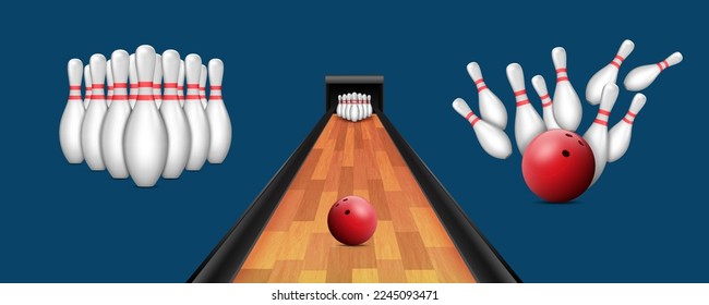 Realistic bowling set. Red ball, white skittles pins and wooden alley for game playing. Elements for sport leisure or tournament design. Vector illustration