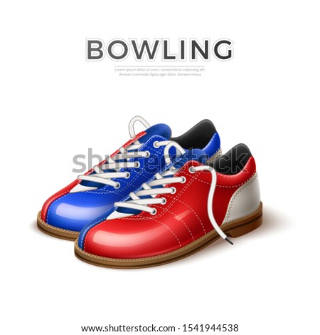 Realistic bowling shoes for bowling competition design. Athletic footwear detailed vector. Sport boots for leisure activity. Bright glossy red and blue shoes for bowling.