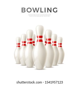 Realistic bowling skittle pins. Bowling elements for sport betting promo. Vector bowl championship and competition design element.