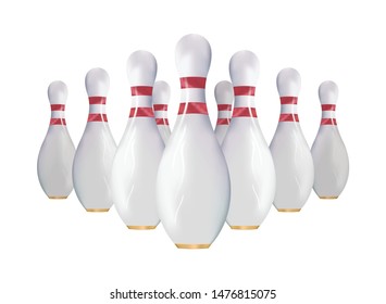 Realistic bowling skittles pins front view vector illustration. Isolated on a white background