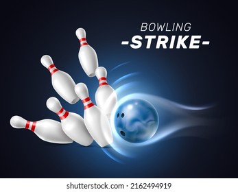 Realistic bowling strike ball. High speed trajectory, flying downed pins, crashing 3d isolated element, dark backdrop, team game with skittles, playing championship poster, vector background