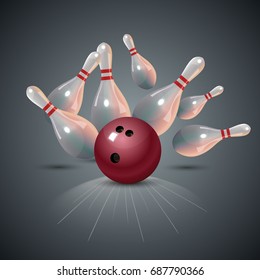 Realistic bowling strike concept on dark gray background.