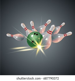 Realistic bowling strike concept on dark gray background.. Bowling strike with ball