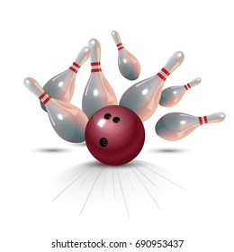 Realistic bowling strike concept on white background.