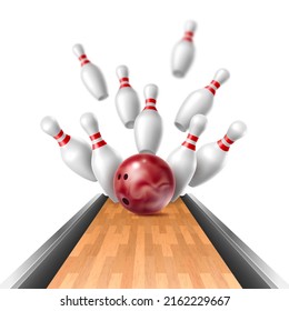 Realistischer Bowlingstreik. Hitzeball auf Pins Moment, Fliegen 3D einzeln auf weißem Hintergrund, Holzallee, Spiel-Meisterschaft, Spielausrüstung, Schüssel-Spiel-Sport-Vektorkonzept