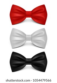 Realistic Bows Isolated On White Background - Classic Bow Tie Set. Vector Bow Tie Accessory, Bowtie Elegance Collection Illustration