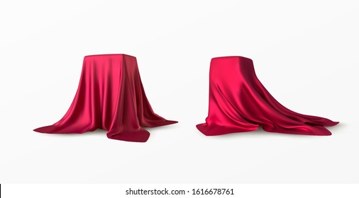 Realistic box covered with red silk cloth. Isolated on white background. Satin fabric wave texture material. Textile design, fabric. Vector illustration EPS10