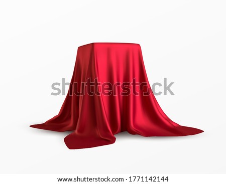 Realistic box covered with red silk cloth. Isolated on white background. Satin fabric wave texture material. Textile design, fabric. Vector illustration EPS10 Foto stock © 