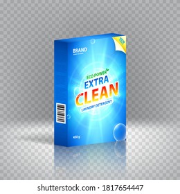 Realistic box of laundry detergent. Vector illustration. Concept of packaging and advertising of laundry detergent isolated on checkered background.