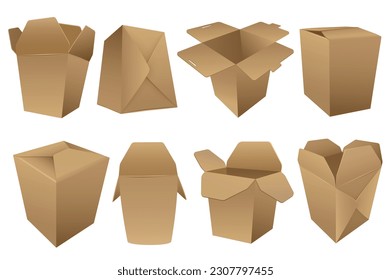 Realistische Box Mega-Grafik-Elemente im flachen Design. Paket von geöffneten und geschlossenen Kartonboxen in unterschiedlicher Ansicht für die Verpackung der Lieferpakete. Einzelne Vektorgrafik-Objekte