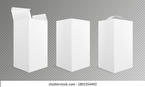 Realistic box mockup. Open closed package, take away pack with handle. Isolated white empty cardboard 3d boxes vector illustration