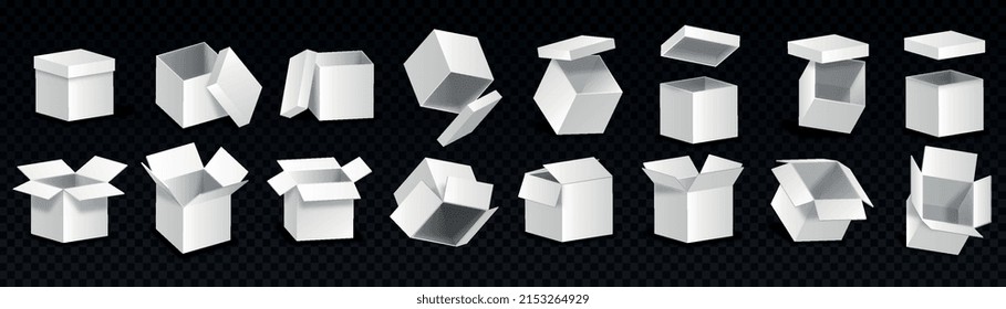 Realistic box set. Collection of graphic elements for lottery and prizes. Special offers, poster or banner for website, cargo and shipping. Isometric vector illustrations isolated on black background