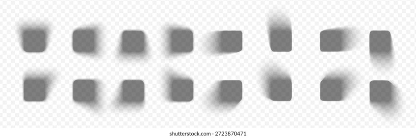 Realistische Schatteneffekte mit sanften Schattierungen schaffen Tiefe für quadratische Mockups und rechteckige Karten. Isolierte Vektorgrafik mit 3D-Farbverläufen für realistische Platzierung von Boden- und Wandobjekten.
