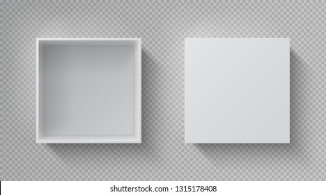 Realistic box top view. Open white package mockup, cardboard closed gift box blank paper pack. Square container vector design template - Shutterstock ID 1315178408