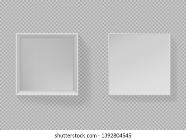 	
Realistic box top view. Open white package mockup, cardboard closed gift box blank paper pack. Square container vector design template