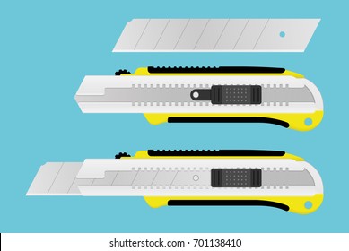 Realistic Boxcutter tool. Office paper knife and blade. Stationery instrument for paper cutting. Vector illustration.