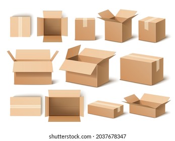 Realistic boxes. 3d cardboard opened and closed