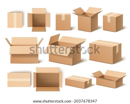 Realistic boxes. 3d cardboard opened and closed