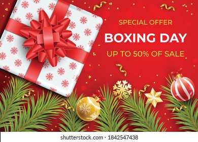 Realistic Boxing Day Sale Background,Top View On Gift Boxes And Christmas Balls.