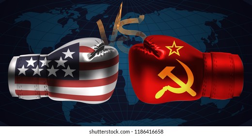 Realistic boxing gloves with prints of the USA and the USSR flags facing each other on abstract world map background, vector illustration design