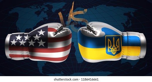 Realistic boxing gloves with prints of the USA and Ukrainian flags facing each other on abstract world map background, vector illustration design
