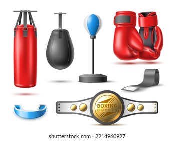 Realistic boxing set. Professional fighting sport accessories, champions belt, gloves, punching bags and mouth guard, sportswear for punch workout, 3d isolated objects, utter vector set