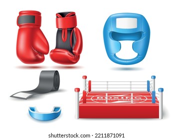 Realistic boxing sports accessories. Fighting sport elements, 3d isolated objects, gloves, helmet, mouth guard and ring, uniform and protection equipment, sportswear for punch utter vector set