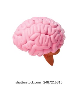 Realistic brain 3D. Pink human cerebrum isolated on white in cartoon style. Intelligence icon. Vector.