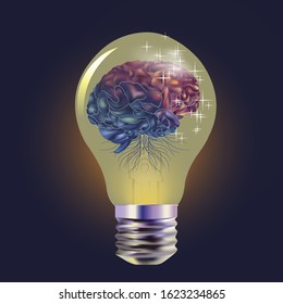 Realistic brain in a light bulb drawn in vector, 3D. EPS 10
