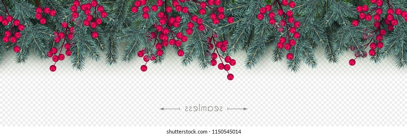 Realistic branches of Christmas tree and holly berries Xmas and New Year seamless border Element for festive design isolated on transparent background Minimal Vector illustration