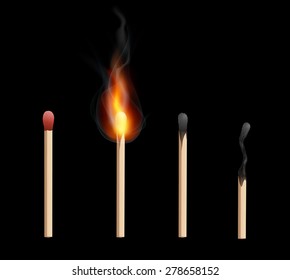 Realistic brand new, burning and burnt  match sticks on  black background. Vector illustration