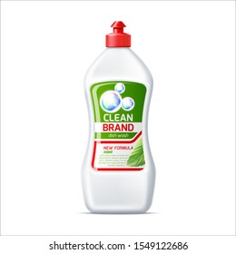 Realistic branded dishwashing detergent bottle mockup. Vector kitchen plates, dishes washing tool. 3d household chores, kitchen hygiene product design. Domestic cleaning package mockup.