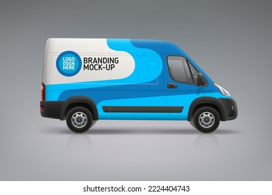 Realistic Branding Van mockup with abstract blue graphics. Brand identity design for company. Abstract blue graphics on corporate vehicle. Brand advertising livery on company Car. Editable vector