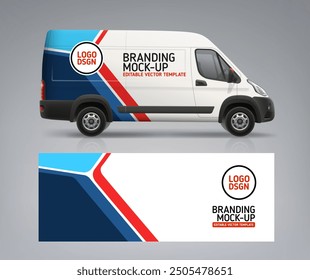 Realistic Branding Van mockup with wrap design. Abstract graphics on freight van. Company delivery vehicle. Branding vehicle. Horizontal banner or flyer design. Editable vector