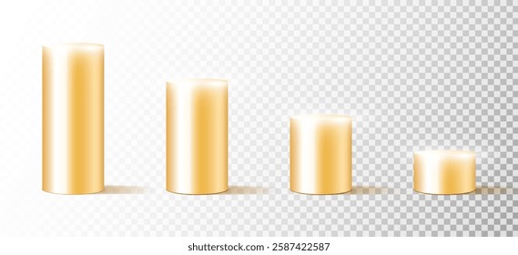 Realistic brass metal cylinder set. Brass pipes with shadow. Glossy detailed pipe. Round chrome column stand. 3d geometric shape vector illustration