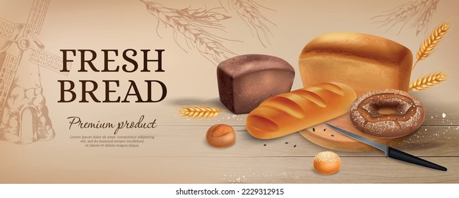 Realistic bread ads horizontal poster with vintage style fresh bread headline and serving plate with baked goods vector illustration