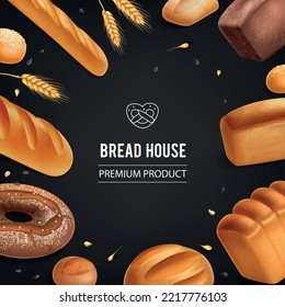 Realistic bread chalkboard frame with rye and whole bread french baguette buns brioche vector illustration