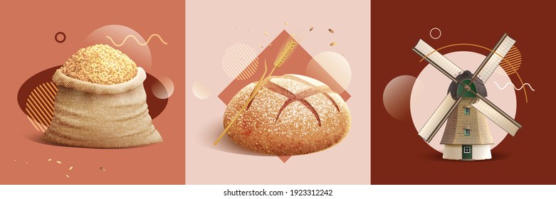 Realistic bread design concept with square compositions of wheat sacks mill and loafs of circle bread vector illustration