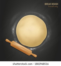 Realistic bread dough flour background with text and composition of flatten dough flour and rolling pin vector illustration