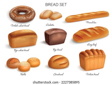 Realistic bread icon set with whole wheat rye rye wheat breads ciabatta french bun long loaf rolls and cornbread vector illustration