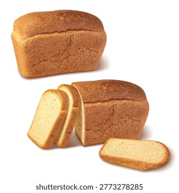 Realistic bread loaf. Bakery wheat whole bread and cut slices, french homemade bake 3d slice grain dough crust cooking breakfast sandwich food, isolated garish vector illustration