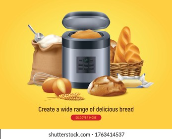 Realistic bread machine background with discover more button text and composition of home baked food images vector illustration