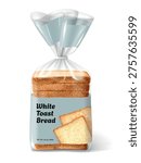 Realistic bread package. Bread loaf cut toast in bopp transparent pouch plastic clip 3d mockup, polythene wrapper bag pack emblem bakery product design garish vector illustration