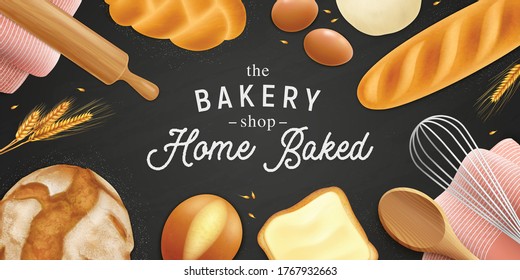 Realistic bread pastry ads horizontal poster background with editable ornate text surrounded by crumbs and bakery vector illustration