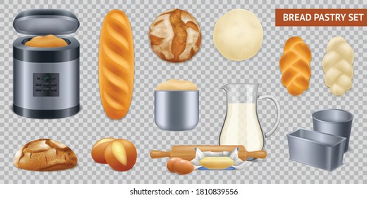 Realistic bread pastry transparent set with isolated images of loafs and kitchenware for baking with breadmaker vector illustration