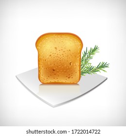 Realistic bread toast for sandwich on white plate. Spice plant rosemary twig image. Lunch, dinner, breakfast, snack. Vector element for cooking theme design. Healthy food concept. Cooking Ingredients.