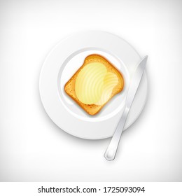 Brindis de pan realista con mantequilla esparcida en plato blanco. Cuchillo en el plato. Almuerzo, cena, desayuno, tentempié. Elementos para el diseño temático de la cocina. Concepto de alimentos saludables. Ilustración vectorial.