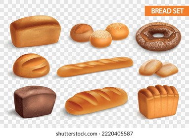 juego de iconos transparentes de pan realista con rollos de pan de centeno blanco brioche y ciabatta baguette de francés ilustración vectorial