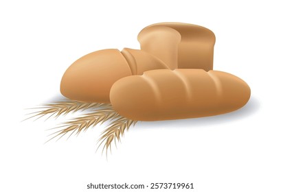 Realistic bread with wheat ears. Various kind of wheat bread isolated vector illustration